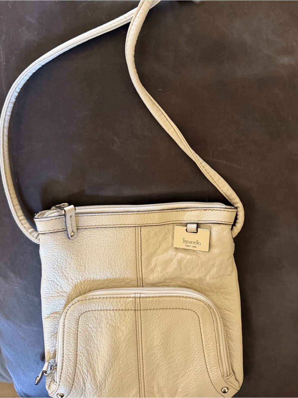 Tignanello Taupe Pebbled Leather Multi-Compartment Crossbody Bag